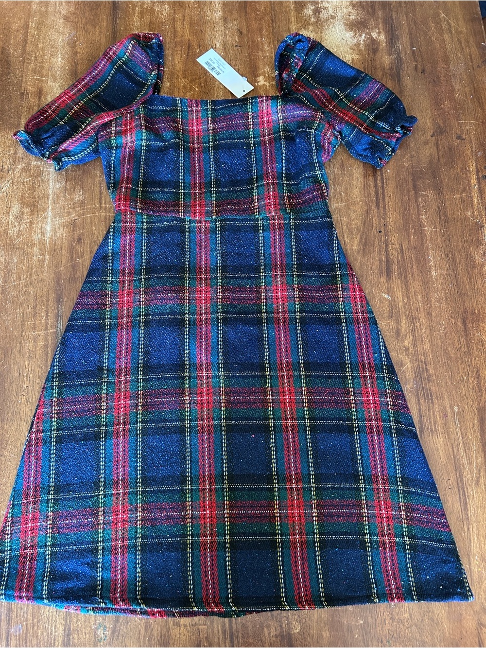 NWT Holiday Plaid Glitter Puff Sleeve Dress Festive Coquette Medium Navy Red